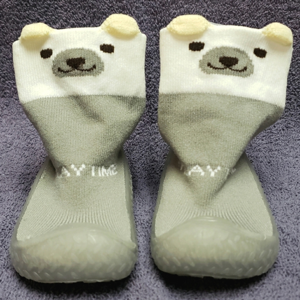 Tickle toes - Clear Sole & Grey Socks 3D Ears Bear Skids Proof Shoes 2-6 Month